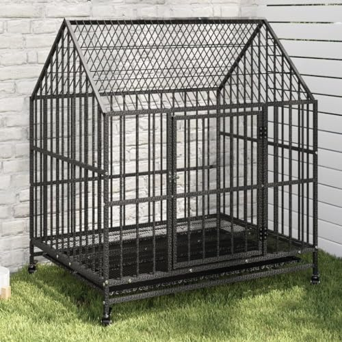 QUAHEAS Hundezwinger mit Rollen aus verzinktem Stahl Schwarz, 100x77x115 cm, wetterfest und mobil, mit Tür und Bodenwanne für Welpe, Outdoor und Indoor Schutz