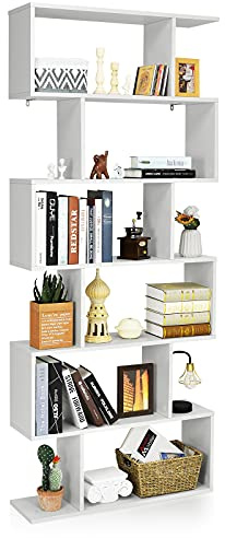 COSTWAY Scaffale a 6 Ripiani, Libreria a Forma di S, Libreria Scaffale da Terra in Legno, Divisorio per Soggiorno, Camera da Letto, Ufficio, 80 x 23 x 192 cm(Bianco)