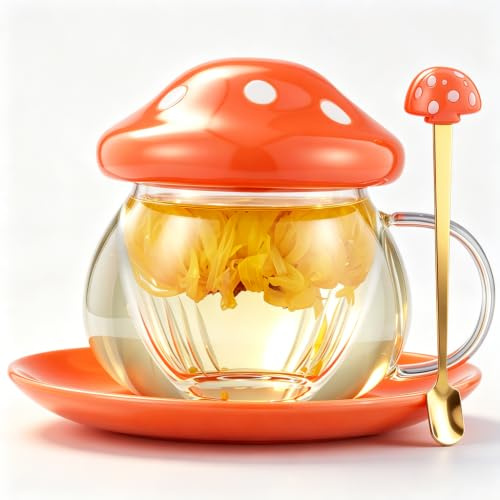 Niedliche Pilz Teetassen mit Teesieb und Pilzlöffel, Lieb Glas-Teetasse und Untertassenset, Kaffeebecher mit Griff, Ideale Geschenk für Mädchen und Frauen, Für Zuhause und Büro, 290ml/9.6oz (Orange)