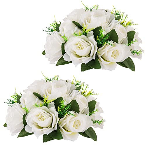 Inweder Hochzeit Blume Kugeln für Herzstücke – 2 Stück Künstliche Blumenkugeln Arrangement Blumenstrauß Gefälschte Blumen Seide Rose Kugeln mit Basis für Raumdekoration Reines Weiß