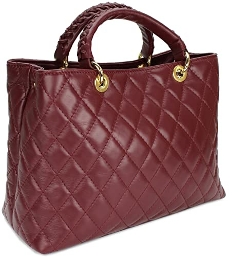 Belli edle italienische Echt Nappa Leder Damentasche Henkeltasche Umhängetasche gesteppt in bordeaux bordó - 34x25x17 cm (B x H x T)