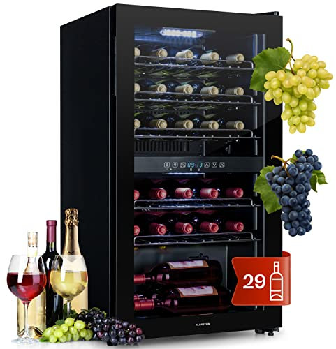 KLARSTEIN Cantinetta Vino Design, Cantinetta Vino Refrigerata a Zona Doppia per Vino Rosso, Bianco e Birra, Controlli Touch, Frigo Vino Cantinetta per Esterno/Interno, 5-22°C, 80L, 29 Bottiglie