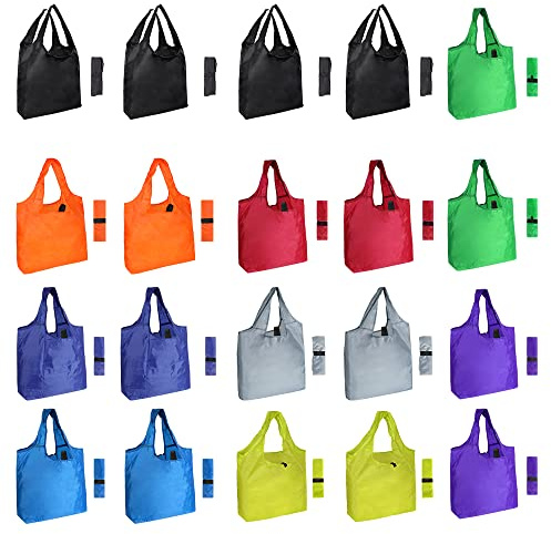 Aricsen 20 Pack Durable Colorful Folding Reusable Grocery Bags Handles Bulk Strong, Colored Eco Friendly Shopping Foldable Kitchen Large Washable Pocket Nylon, Polyester Color Cloth Fabric