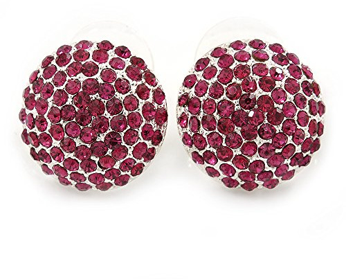 Orecchini a bottone con cristallo fucsia, 20 mm, placcatura in rodio, Misura unica, Strass