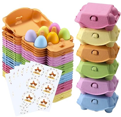 Half Dozen Egg Cartons 24 Pack, Colorful Blank Natural Pulp Egg Holder 6 Count for Chicken Eggs Reusable, Easter Color Storage Box for Holds Up to Six Container Basket Cardboard Paper, 24 Labels