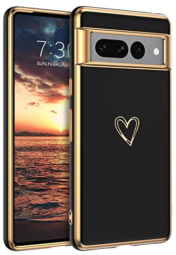 GUAGUA Handyhülle für Google Pixel 7 Pro Hülle Cute Herz Muster Galvanisierte Kameraschutz Stoßfeste Silikonhülle Weich TPU Silikon Schutzhülle Dünn für Google Pixel 7 Pro 2022 (6,7''), Schwarz