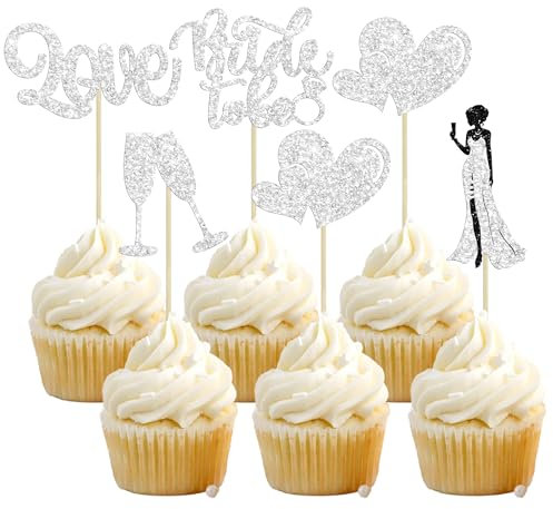 Cupcake-Topper mit glitzerndem Liebesherz, Champagner, Brautparty, Cupcake-Picks, Dekoration für Hochzeit, Verlobung, Junggesellinnenabschied, Silber, 30 Stück