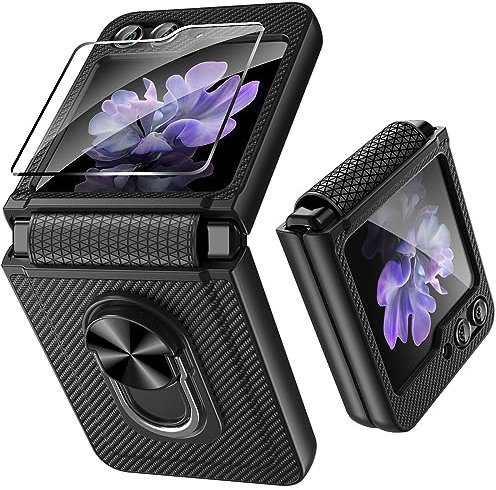 Fewdew für Samsung Galaxy Z Flip 5 Hülle,Z Flip 5 Handyhülle mit Scharnierschutz & Displayschutzfolie,360°Magnetisch Ring Ständer,Stoßfest Kratzfest Schutzhülle für Flip 5,Kohlefaser Schwarz