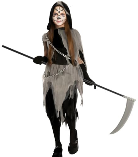 PATRICHOR Halloween Kostüm Kinder Sensenmann, Halloween Kostüm Mädchen mit Sense Taillenkette Kapuzengewand, Faschingskostüme Mädchen für Fasching Accessoires Karneval Party Cosplay