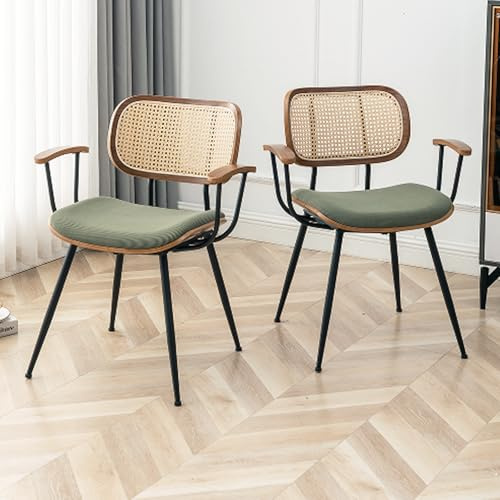 YOUUGIOR Rattan Dining Room Chairs Set of 2,Mid Century Modern Kitchen Side Chairs,Metal Legs Desk Chairs,Green Modern Corduroy Fabric Accent Chairs with Arms and Rattan Backrest