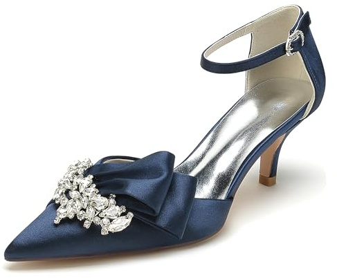 Hanfike Zapatos de boda nupcial correa de tobillo tacón bajo noche fiesta formal para las mujeres JY055, azul marino, 38 EU