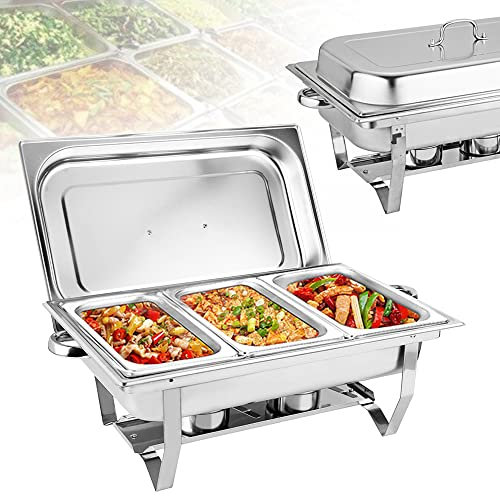 Chafing Dish Buffet Set 3 Pan 9L Food Warmer Set with Lid and Fuel Container, Stainless Steel Buffet Server for Buffets, Hotel Breakfast Areas, Catering, Parties, Wedding Banquets