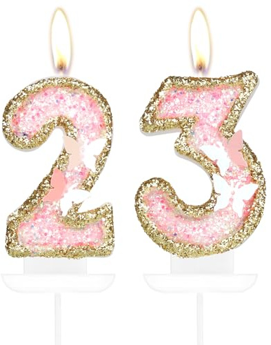 Schmetterling Zahl 23 Kerzen, Rosa Gold Happy 23th Birthday Kerzen für Kuchen, Mädchen 23. Geburtstag Kuchen Dekorationen, Schmetterling 23 Cake Topper, Gold Rosa Cake Topper für Frauen