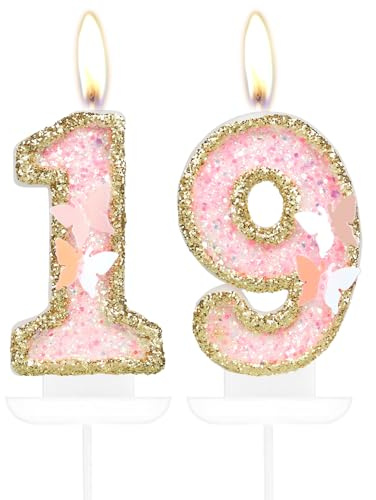 Fjäril 19 födelsedag siffror ljus, rosa guld 19 ljus cupcake topper för tårtor flickor 19. Födelsedag tårtdekorationer, fjäril 19:e födelsedag ljus toppare