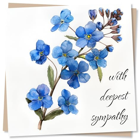 Condolence Greeting Card – with Deepest Sympathy Forget-Me-Not Floral Design – Blank Inside (135 x 135 mm) – Made in UK – with Envelope