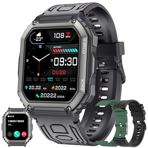 1,8” AMOLED Montre Connectée Homme avec Appels Bluetooth, 5ATM Smartwatch avec 123 Modes Sportifs/SpO2/Fréquence Cardiaque/Lecteur de Musique/Montre Intelligente Fitness pour Android iOS (Noir)