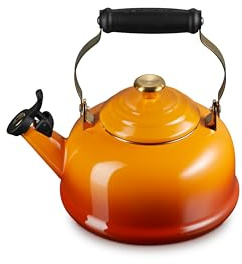 Le Creuset Enamel on Steel Whistling Tea Kettle with Gold Finishes, 1.7 qt., Persimmon