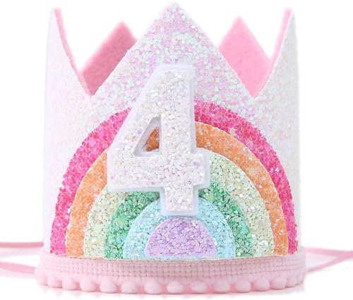 JIOLINK Corona Cumpleaños 4 Años Niña, Corona de Cumpleaños de Fieltro Arco Iris con Banda Elástica, Decoración de Cumpleaños para Niñas