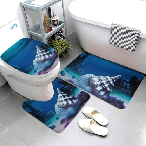 Bathroom Rug Set Of 3 Underwater World Shell Print Cozy U Shape Wc Toilet Rug Soft Toilet Cushion Durable Rug Non-Slip 3 Piece Set