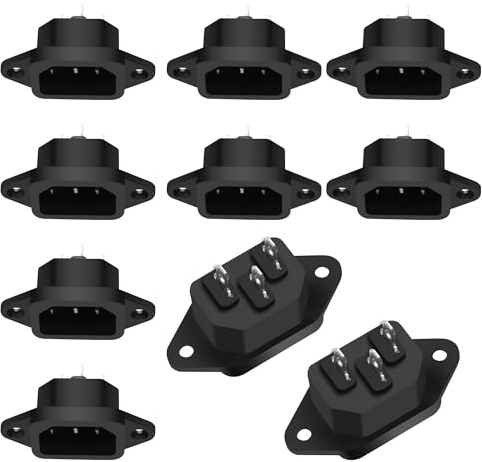 XMSJSIY IEC320 C14 panelmontering AC strömkontakt adapter 250 V 10 A C14 hane 3-polig nätkontakt 3-stifts terminaler chassi panel IEC C14, inloppsmodul, nätuttag, rak (10-pack)