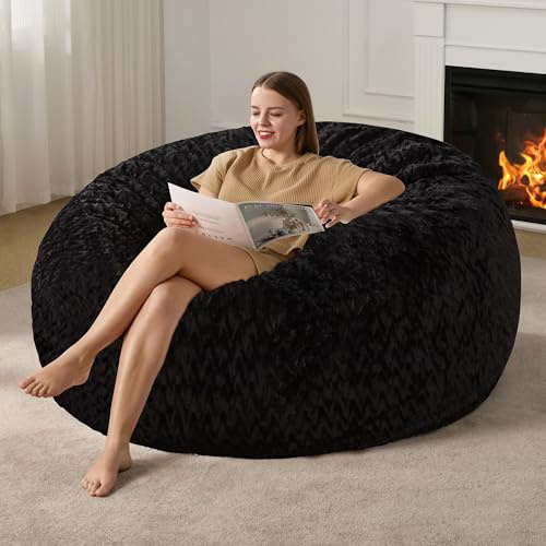 Hobestluk 5ft Bean Bag Chairs for Adults Large Beanbag Chair with Chevron Plush Fur Cover Big Bean Bag Chair for Living Room Bedroom Dorm Office - Black (50” x 50” x 24”)