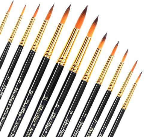 12 Stück Aquarellpinsel, Pinsel teiliges Set Runde Pinsel Spitze KüNstler Pinsel für Acrylmalerei, Professionelle Pinsel-Set für Detail Malerei, Nylon Pinsel Haar für KüNstler Malen Gouache Tinte