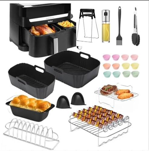 Orifesio Heißluftfritteuse Zubehör für Tefal EY9018 Dual Easy Fry 5,2/3,1L, 13-Teiliges Airfryer Zubehör Set, Airfryer Silikonform, Brotbackform, Grillrost, Rippchenhalter Grill, Ölsprühflasche