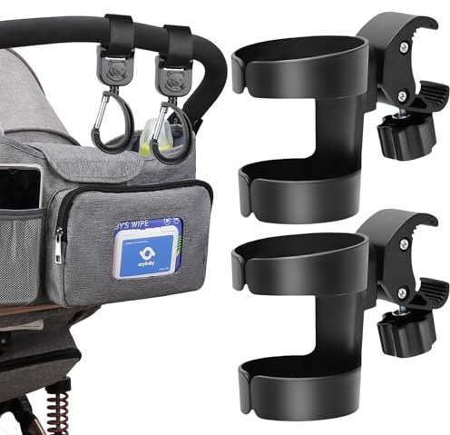 Portavasos Carrito Bebe, Ajustable Portavasos Carrito, Portavaso con Rotación de 360 Grados,con 2 Ganchos para Cochecito,Portavaso Diseñado con Gran Calibre,para Carritos y Cochecitos