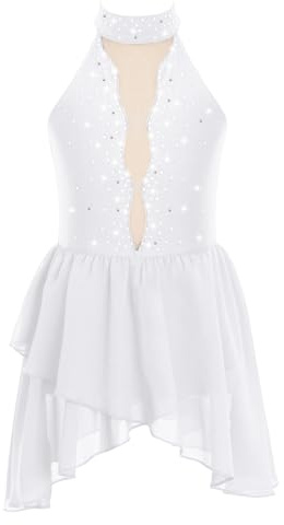 Moggemol Robe De Danse pour Petite Fille avec Col Strass Brillant Tenue De Ballet Patinage Artistique Costume Danse Tricot pour Patinage Blanc 11-12 Ans