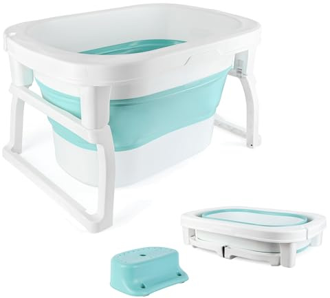 XUANYU Baignoire Pliable avec Tabouret de Douche et Trou de Drainage Portable, Baignoire de Bain Autonome pour Nouveau-nés, Baignoires en Plastique PP+TPE, Drainage Rapide (Bleu B)