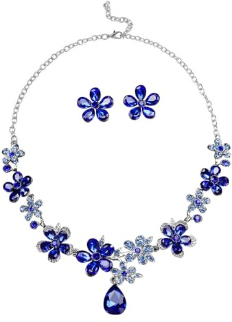 XFSRG Conjunto Joyas de Mujer Collar con Colgante en Forma de Gota y Pendientes con Diseño Floral en Cristal Strass Estilo Elegante Ajustable Ideal para Bodas y Fiestas (Azul)