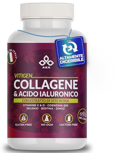 Collagene e Acido Ialuronico ARÀ®, 2400mg Collagene Idrolizzato, 210mg Acido Ialuronico,180 CPR con Vite Rossa, Vitamina C e D, Coenzima Q10, Selenio e Biotina-VITIGEN