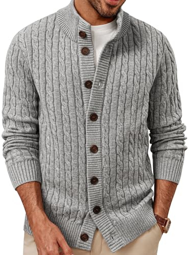 PJ PAUL JONES Chaqueta de punto para hombre con botones y patrón trenzado, punto grueso, cuello alto, cárdigan, gris, M