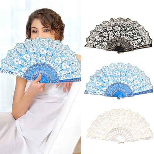 FOSDICK 3 PCS Hand Fan Folding, Hand Fans for Women Folding, Flower Handheld Fan, Chinese Spanish Style Fans Handheld for Wedding, Preference, Dancing,Home Decoration (Black, White, Blue)