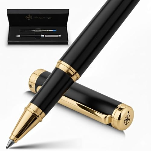 WANDERINGS Premium Rollerball Pen with German Ink – Perfectly Balanced for a Superb Writing Experience, 24k Gold Plated Black – Piano Black - Includes a Schmidt Refill in a Giftable Presentation Case