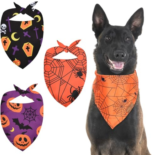 AEKZOX 3 Pcs Einstellbare Dreieck Hundehalstuch mit Hexe Kürbis-Muster, Hundekostüm Halloween für kleine mittlere große Hunde