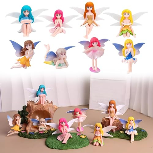 Tashce 8 Pack Fairy Garden Figures, Mini Cake Topper, Birthday Decoration | Miniature Garden Accessories, Fish Tank Decor, Tabletop Ornaments, Hand-Painted Resin Figures, Party & Cake Decoration, Gift