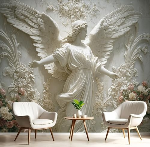 GSAEIMCT 3D Panoramic Wallpaper Mural,150X105Cm Wall Poster Pink Flower Angel Art Print Design Photo Effect,Emerald Marble Plants Decoration for Bedroom Living Room Corridor