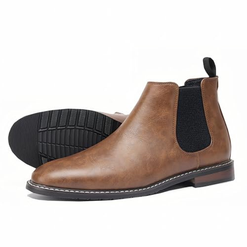 Pradize Chelsea-stövlar för män slätt fuskläder slip-on med elastiska sidor och halkfri sula, brun ochsvart, 43.5 EU