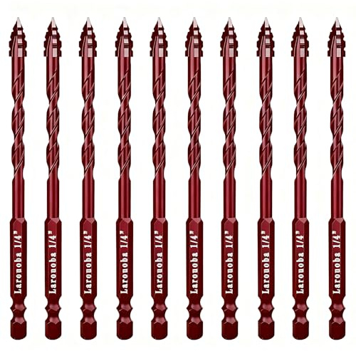 Larouoba 10pc Red 1/4” Serrated Eccentric Masonry Drill Bit, 6mm Serrated Concrete Drill Bit Set for Ceramic Tile Brick Glass Plastic Marble and Wood
