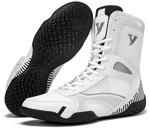 Hiuzylqx Uomo Scarpe da Boxe Scarpe da Lotta Pugilato Wrestling Suola Antiscivolo per Allenamento Combattimento Esercizio Fitness Arti Marziali,Bianca,48 EU