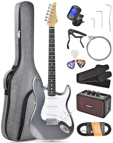 Leo Jaymz Beginner Electric Guitar Complete Kit with Portable Amp, Padded Gig Bag & Full Accessories, Maple Neck SSS Pickups (Gray)