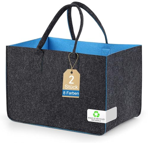 Shoppingkorg/träkorg, shoppingväska med handtag, Korg för ved och eldstad för utomhusresor, picknick, shopping (Donkergrijs - Blauw, 2 stycken)