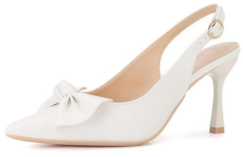 Dam rosett med slingrygg klackar spetsig tå stilettpumpar klänning klackar justerbar rem rem slingback pumps bröllop gästskor brudfest klackar datum nattskor vår sommar, Vit klack 5 cm, 41 EU