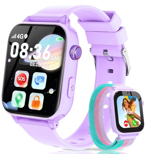 4G Smartwatch Kinder, Kinder Telefonuhr mit Videoanruf, Voice Chat, GPS, SOS, Schulmodus, Wecker, Schrittzähler, Spiele, Smart Watch für Jungen Mädchen Kinderuhr Geschenke 4-12 Jahren (Hellviolett)