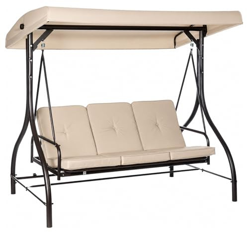 Dondolo Per Terrazzo E Giardino 3 Posti Con Tettuccio Parasole Seduta Reclinabile Convertibile In Letto Struttura Acciaio 195 X 120 X 175 Cm Beige