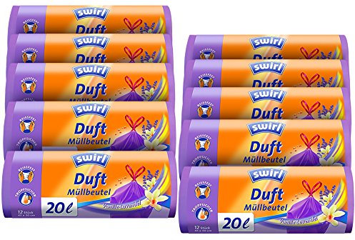 10er SET SWIRL® 20 Liter Duft - Müllbeutel Vanille-Lavendel mit praktischem Zugband/Anti-Geruch/Abfallbeutel/Mülltüte