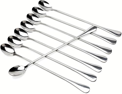 Long Handle Iced Tea Spoons, 9 18/10 Stainless Steel Cocktail Stirring Spoons with Thickened Ergonomic Handle, Tall Coffee & Latte Stirrers, Dessert Spoon Set, Dishwasher Safe (9 IN)