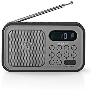 Nedis Radio Alarm Clock with 2.5h Play Time and Rechargeable Battery, FM Radio Receiver Portable with Headphones Output, LED Display and Aux, 2.1 W, Grey and Black