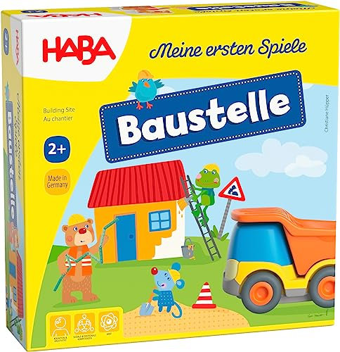 HABA Meine ersten Spiele – Baustelle: Zuordnungs- und Memospiel mit Kullerbü-Fahrzeug und Vorlesegeschichte, Baugeschichten für Kinder ab 2 Jahren – 1305211001